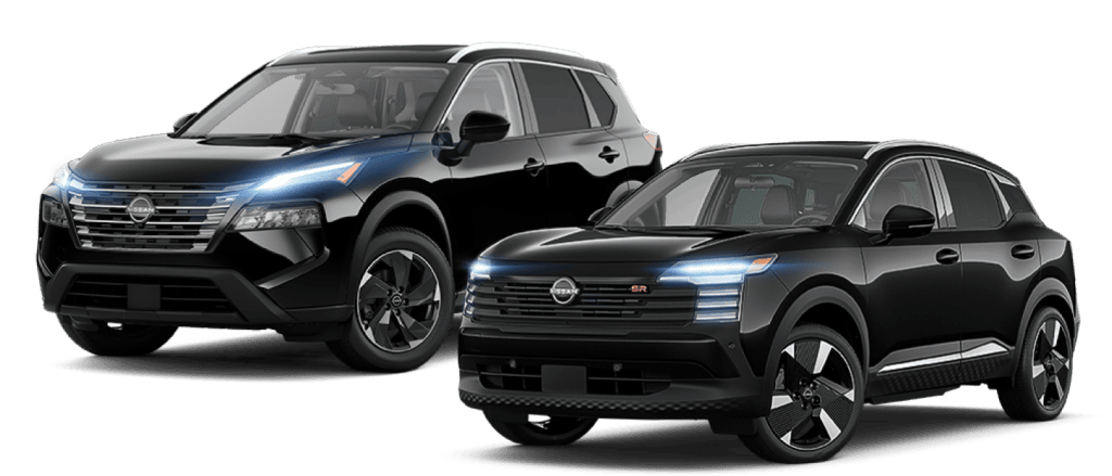 2025 Nissan Rogue and Kicks in black with their headlights on.